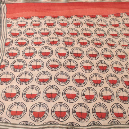 Sanskriti Vintage Ivory/Red Sarees Pure Silk Block Printed Sari Craft Sustainable Fabric
