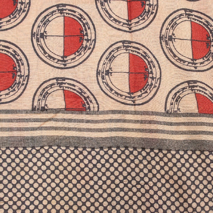 Sanskriti Vintage Ivory/Red Sarees Pure Silk Block Printed Sari Craft Sustainable Fabric