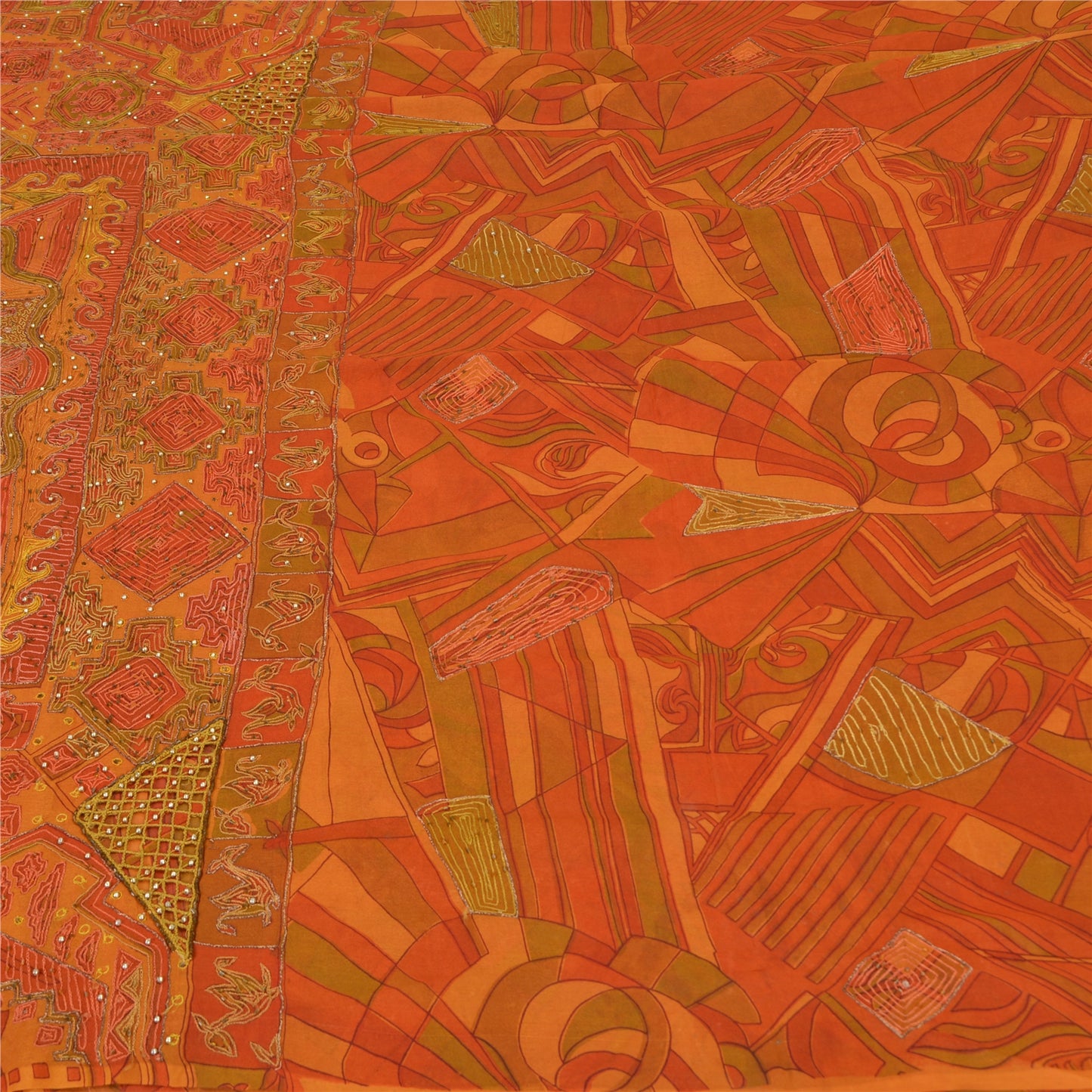 Sanskriti Vintage Saffron Sarees Pure Silk Hand Beaded Premium Sari Craft Sustainable Fabric