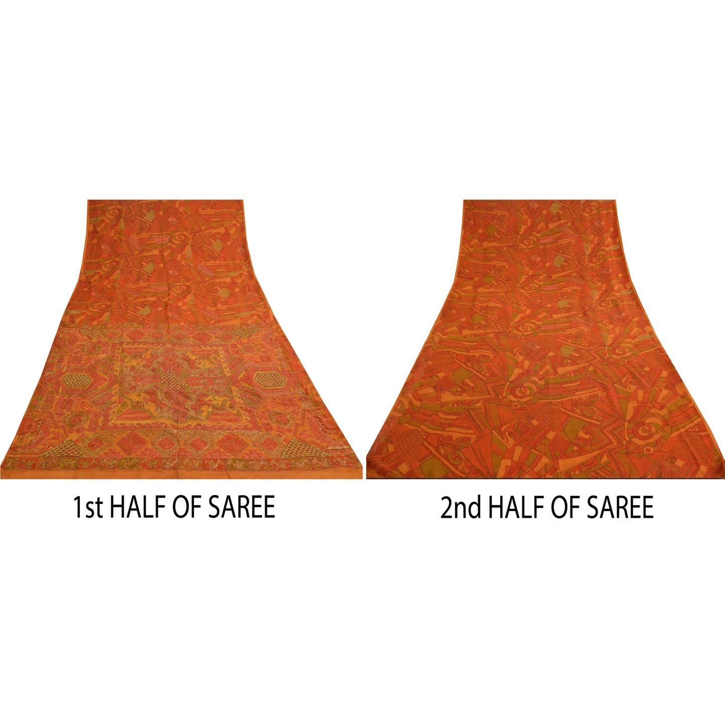 Sanskriti Vintage Saffron Sarees Pure Silk Hand Beaded Premium Sari Craft Sustainable Fabric