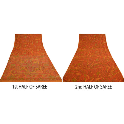 Sanskriti Vintage Saffron Sarees Pure Silk Hand Beaded Premium Sari Craft Sustainable Fabric