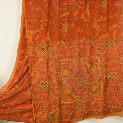 Sanskriti Vintage Saffron Sarees Pure Silk Hand Beaded Premium Sari Craft Sustainable Fabric