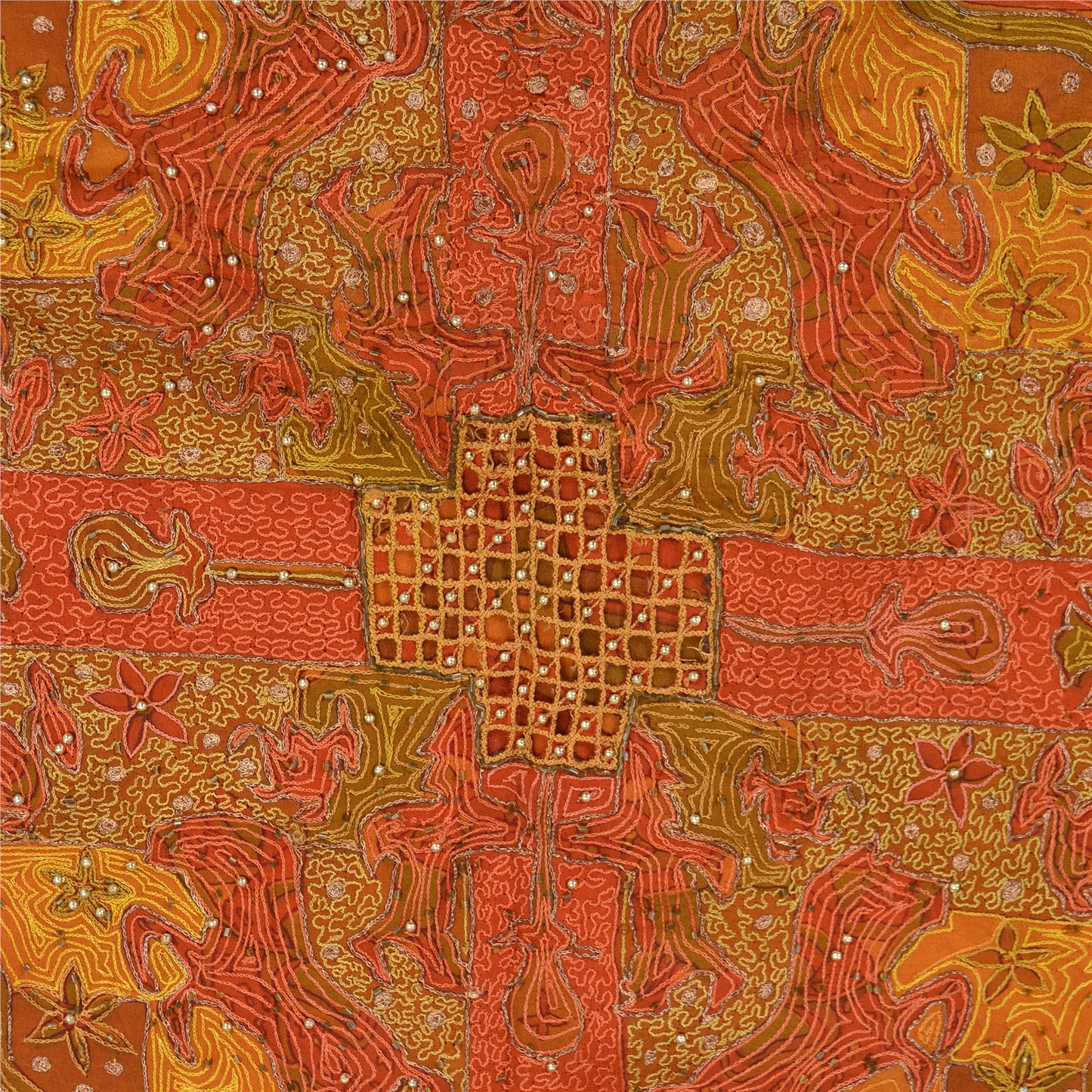 Sanskriti Vintage Saffron Sarees Pure Silk Hand Beaded Premium Sari Craft Sustainable Fabric