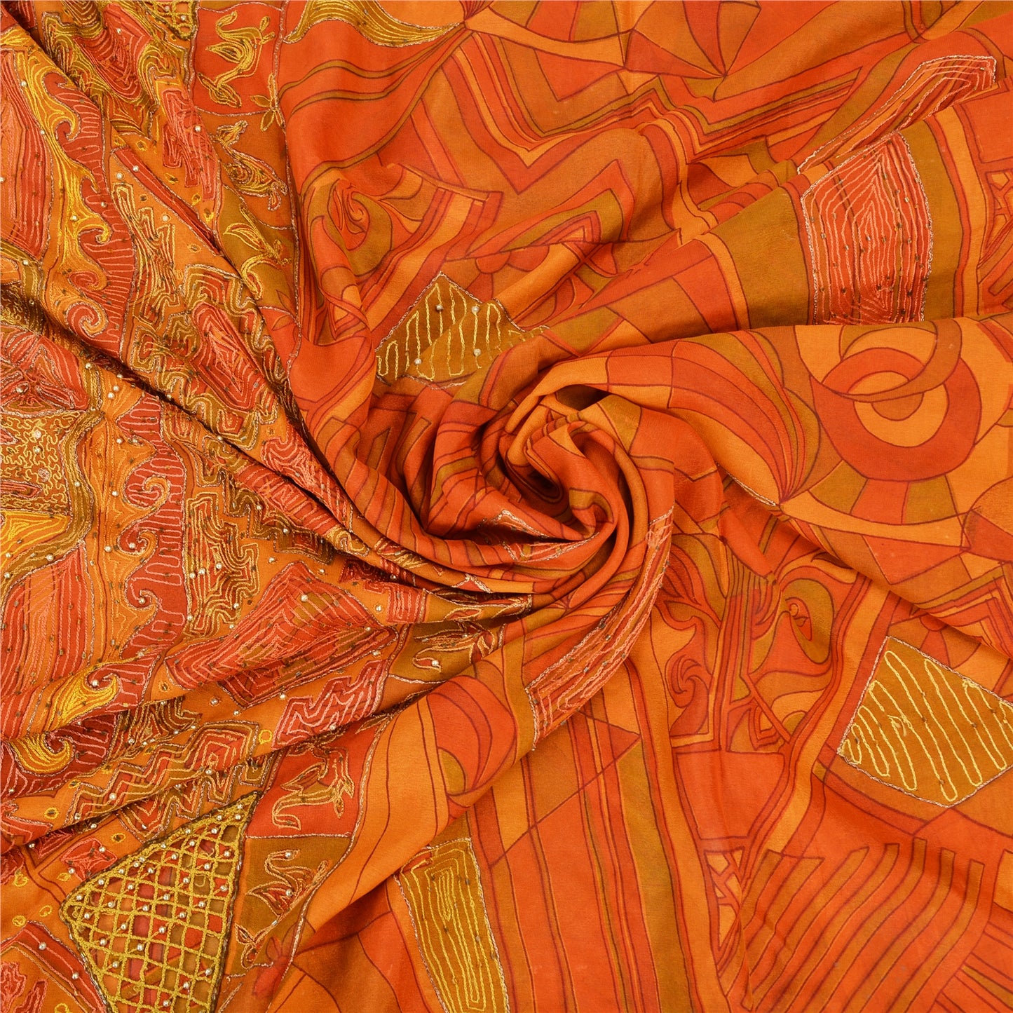 Sanskriti Vintage Saffron Sarees Pure Silk Hand Beaded Premium Sari Craft Sustainable Fabric