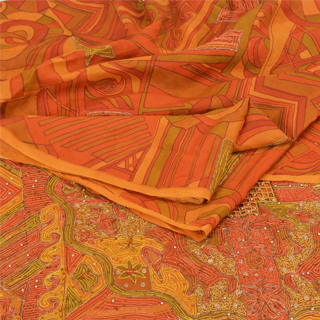 Sanskriti Vintage Saffron Sarees Pure Silk Hand Beaded Premium Sari Craft Sustainable Fabric