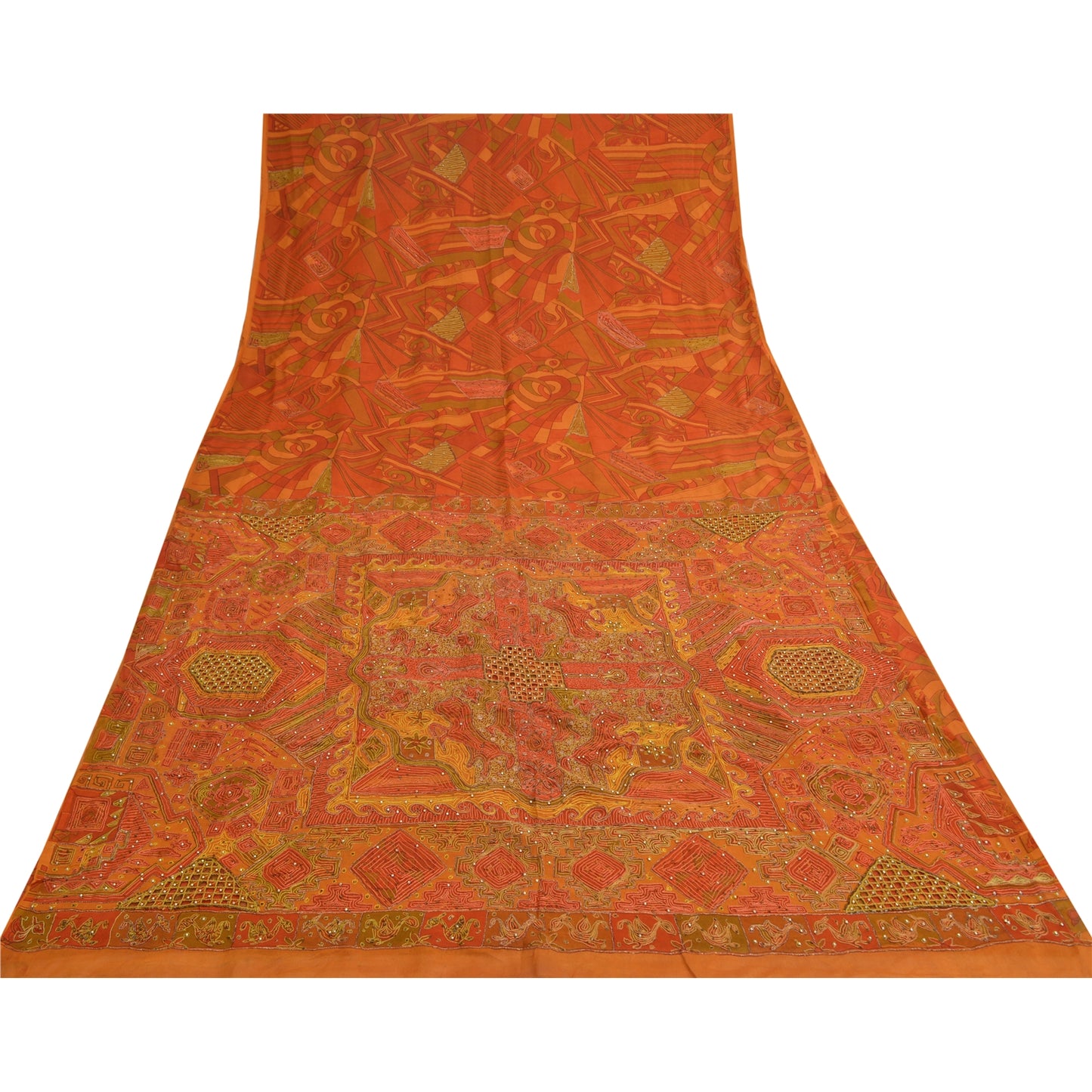 Sanskriti Vintage Saffron Sarees Pure Silk Hand Beaded Premium Sari Craft Sustainable Fabric