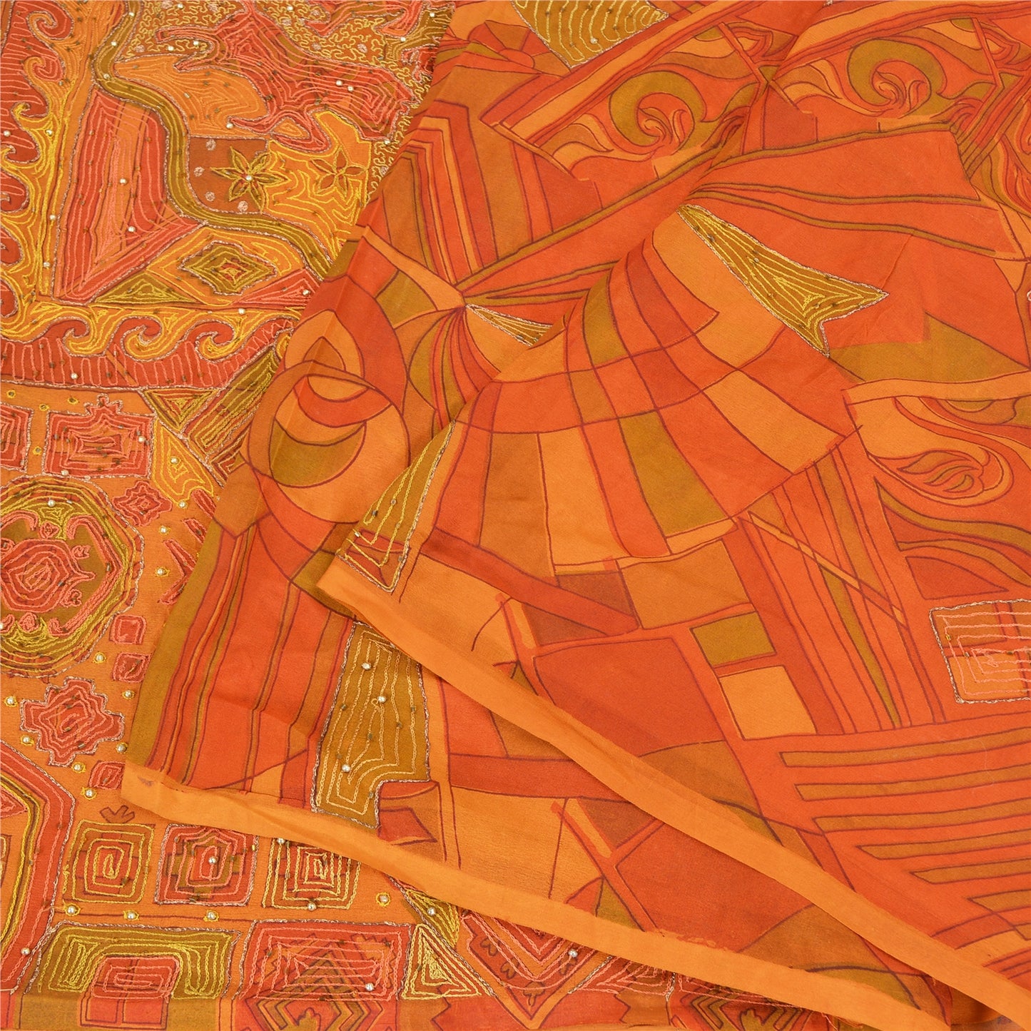 Sanskriti Vintage Saffron Sarees Pure Silk Hand Beaded Premium Sari Craft Sustainable Fabric