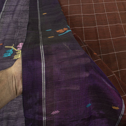 Sanskriti Vintage Chettinad Handwoven Pure Cotton Saree Brown-Purple Sari Fabric