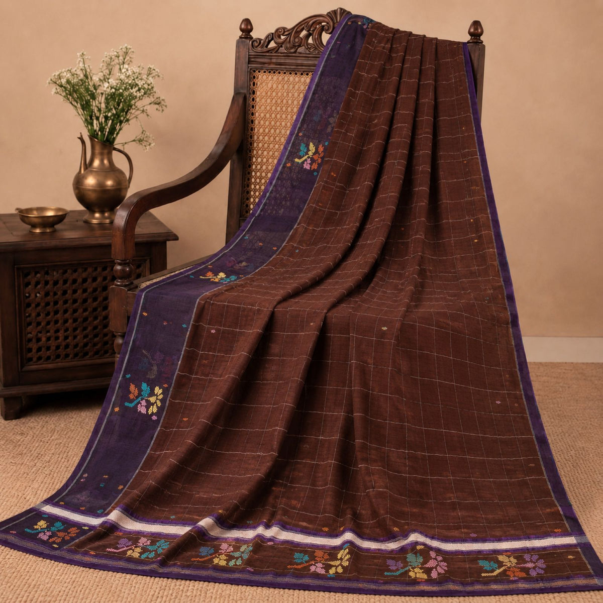 Sanskriti Vintage Chettinad Handwoven Pure Cotton Saree Brown-Purple Sari Fabric