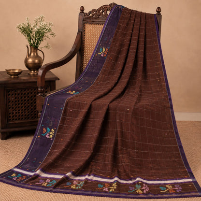Sanskriti Vintage Chettinad Handwoven Pure Cotton Saree Brown-Purple Sari Fabric