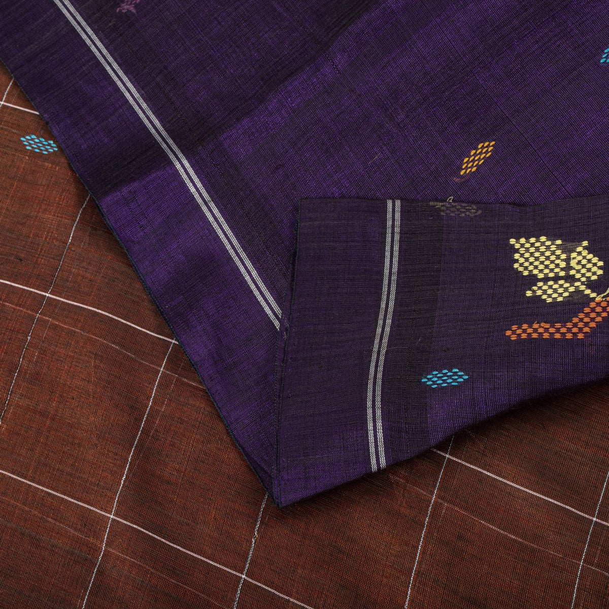 Sanskriti Vintage Chettinad Handwoven Pure Cotton Saree Brown-Purple Sari Fabric