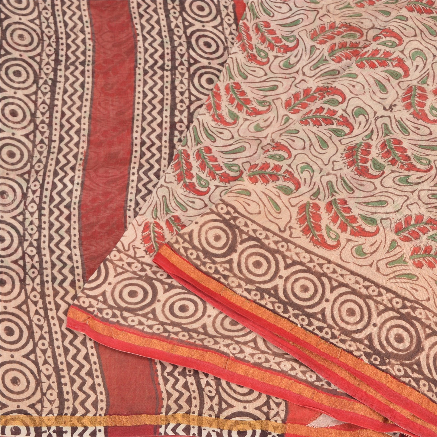 Sanskriti Vintage Ivory/Dark Red Sarees Pure Cotton Hand-Block Print Sari Fabric