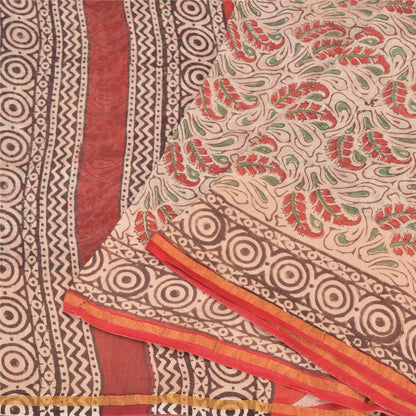 Sanskriti Vintage Ivory/Dark Red Sarees Pure Cotton Hand-Block Print Sari Fabric