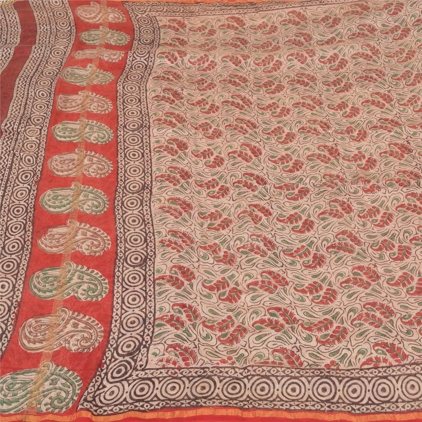 Sanskriti Vintage Ivory/Dark Red Sarees Pure Cotton Hand-Block Print Sari Fabric