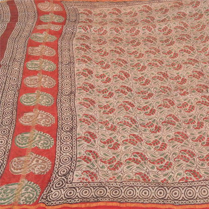 Sanskriti Vintage Ivory/Dark Red Sarees Pure Cotton Hand-Block Print Sari Fabric