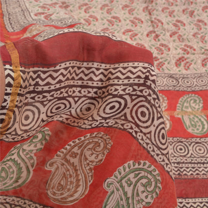 Sanskriti Vintage Ivory/Dark Red Sarees Pure Cotton Hand-Block Print Sari Fabric