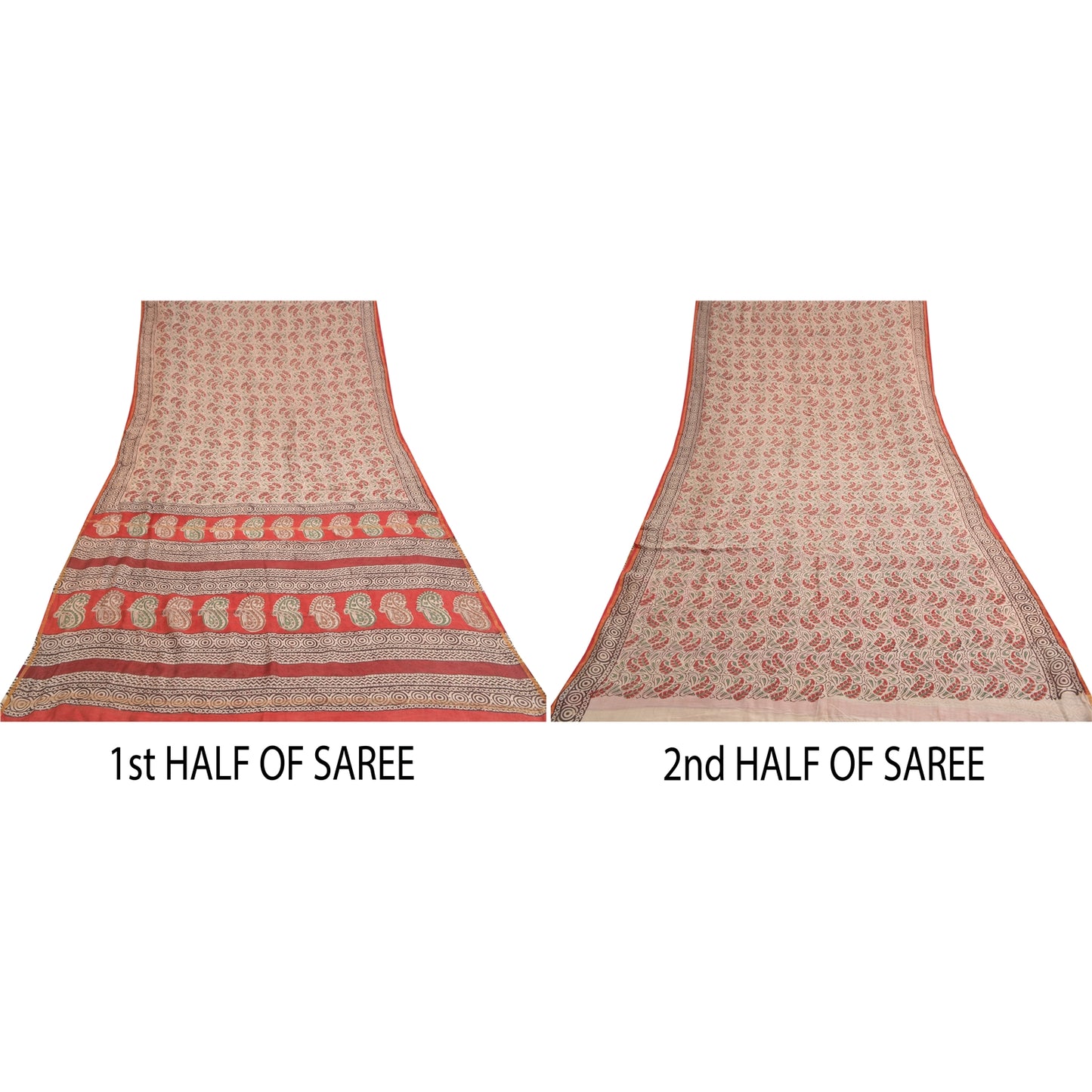 Sanskriti Vintage Ivory/Dark Red Sarees Pure Cotton Hand-Block Print Sari Fabric