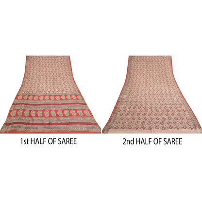 Sanskriti Vintage Ivory/Dark Red Sarees Pure Cotton Hand-Block Print Sari Fabric