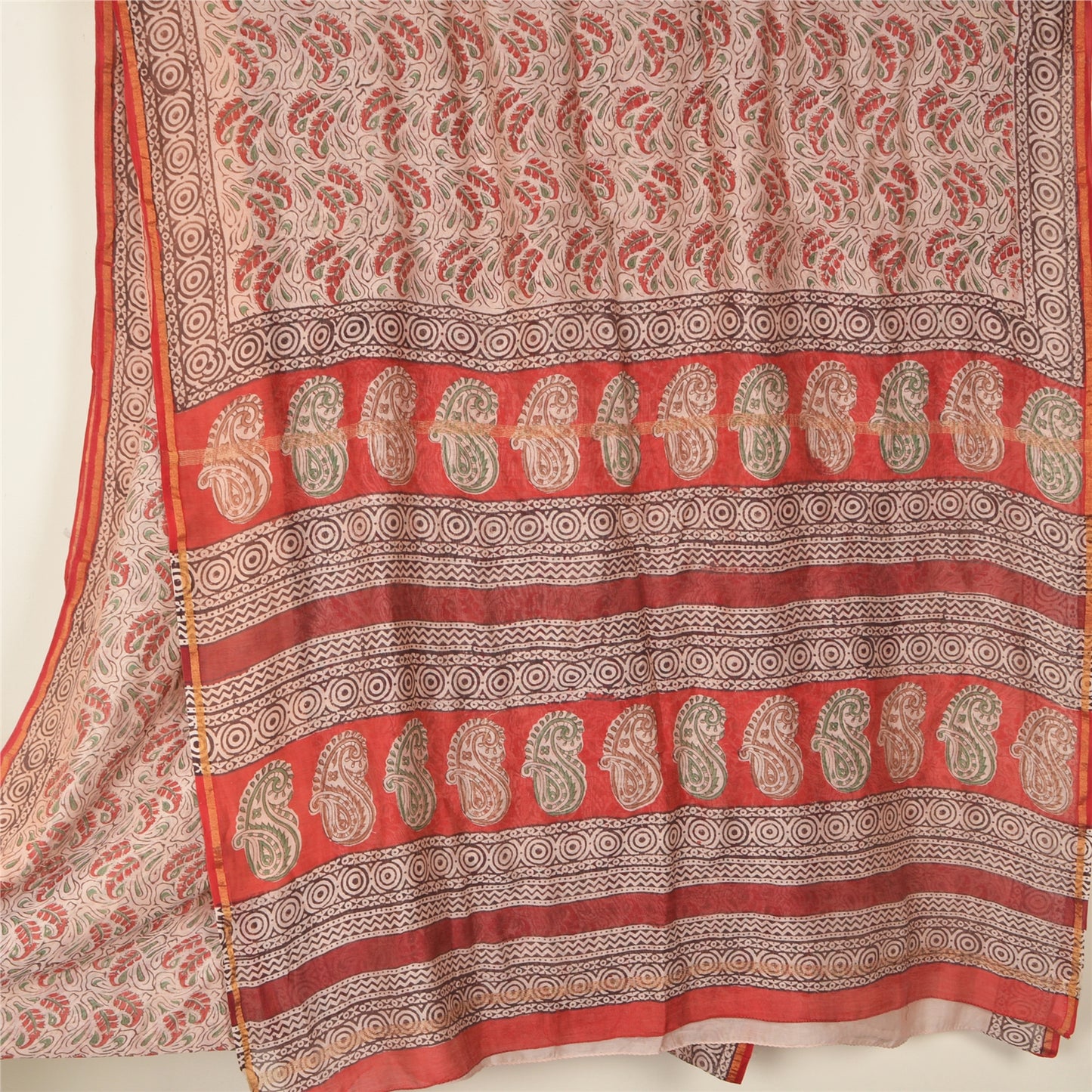 Sanskriti Vintage Ivory/Dark Red Sarees Pure Cotton Hand-Block Print Sari Fabric