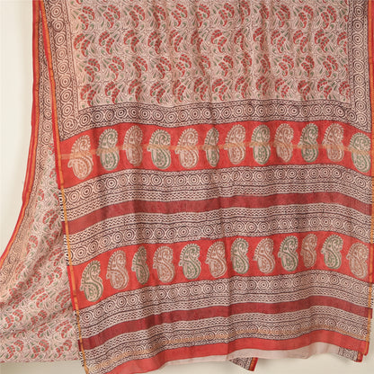 Sanskriti Vintage Ivory/Dark Red Sarees Pure Cotton Hand-Block Print Sari Fabric