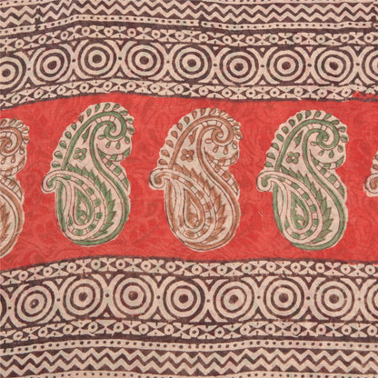 Sanskriti Vintage Ivory/Dark Red Sarees Pure Cotton Hand-Block Print Sari Fabric