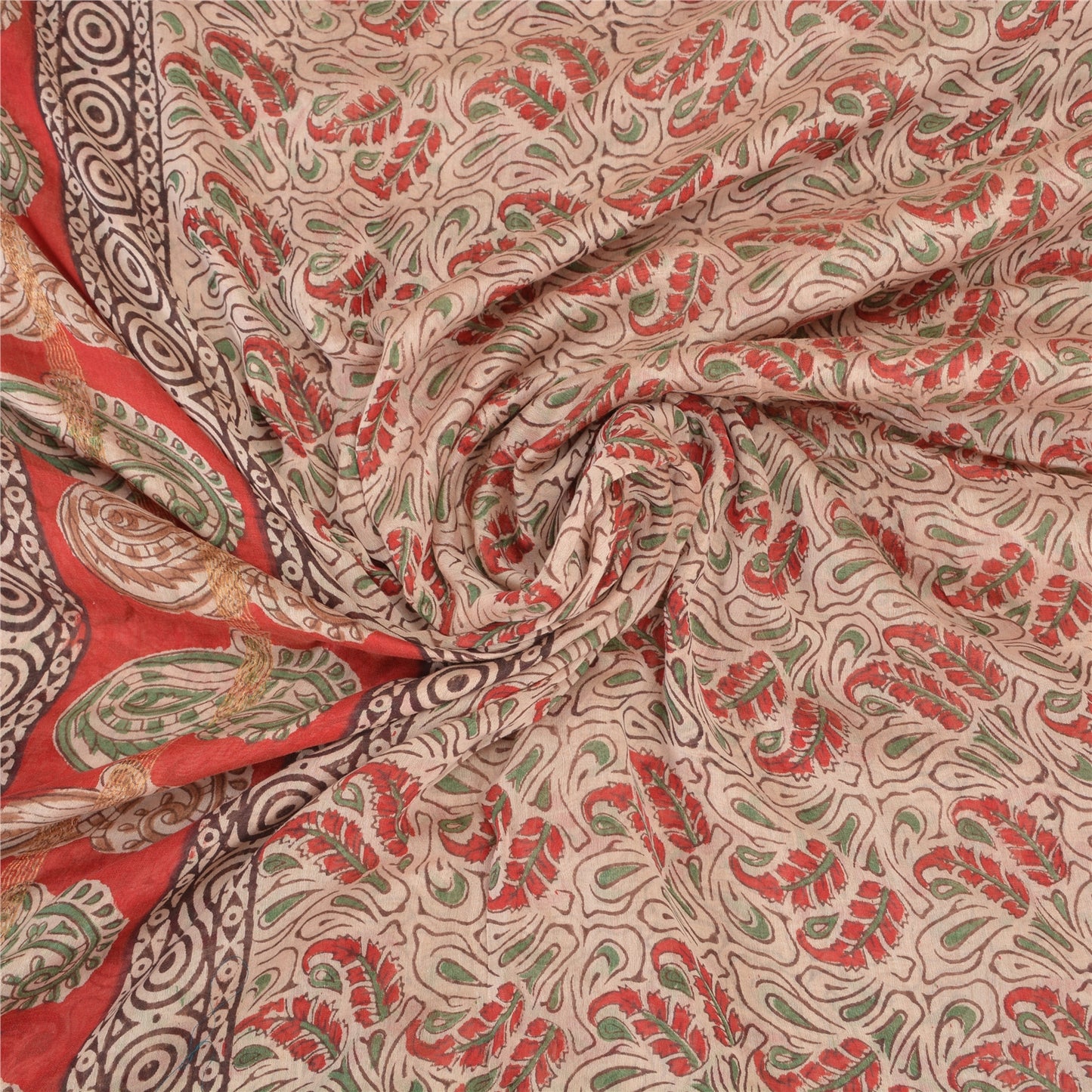 Sanskriti Vintage Ivory/Dark Red Sarees Pure Cotton Hand-Block Print Sari Fabric