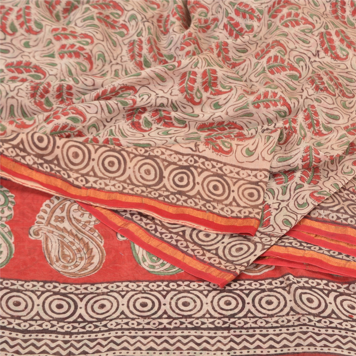 Sanskriti Vintage Ivory/Dark Red Sarees Pure Cotton Hand-Block Print Sari Fabric