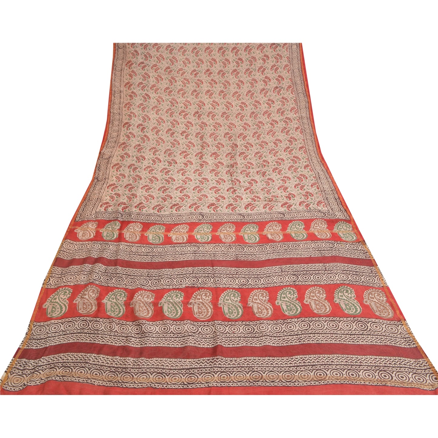 Sanskriti Vintage Ivory/Dark Red Sarees Pure Cotton Hand-Block Print Sari Fabric