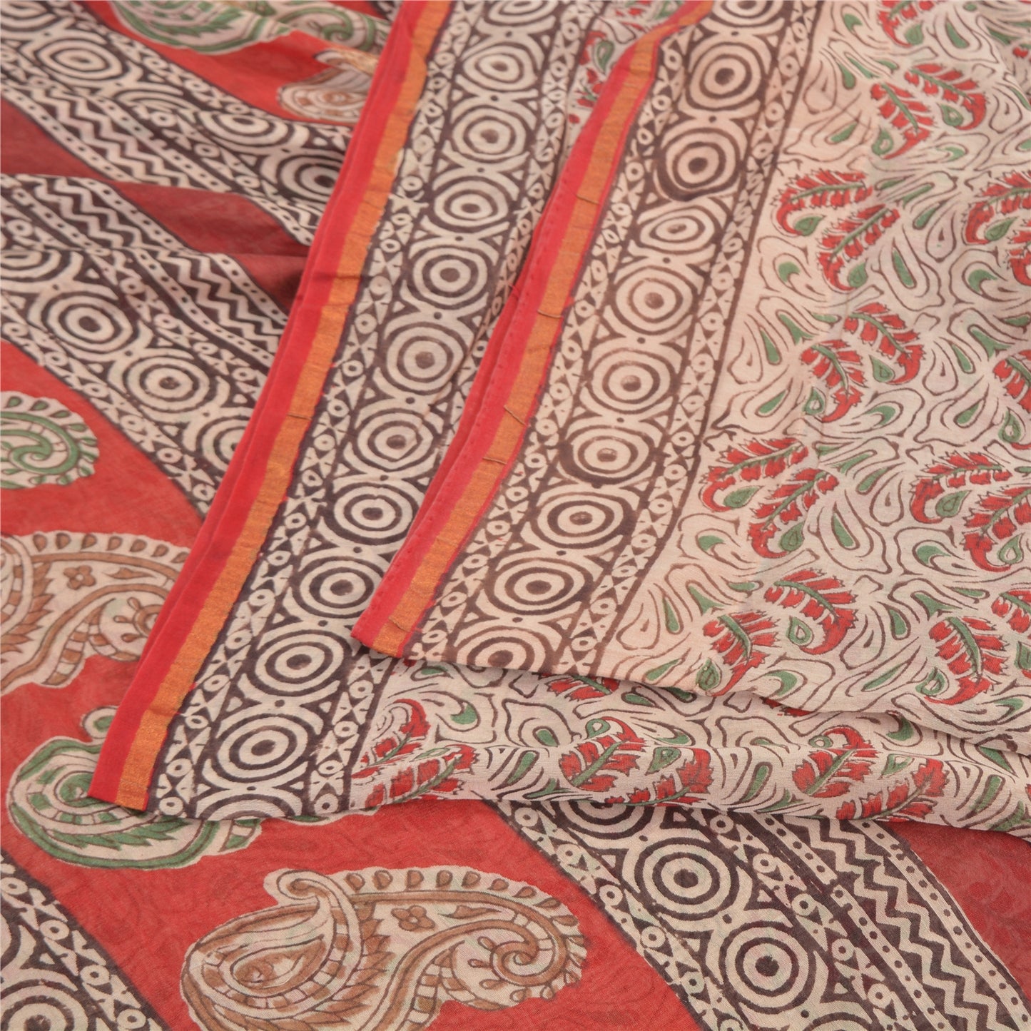 Sanskriti Vintage Ivory/Dark Red Sarees Pure Cotton Hand-Block Print Sari Fabric
