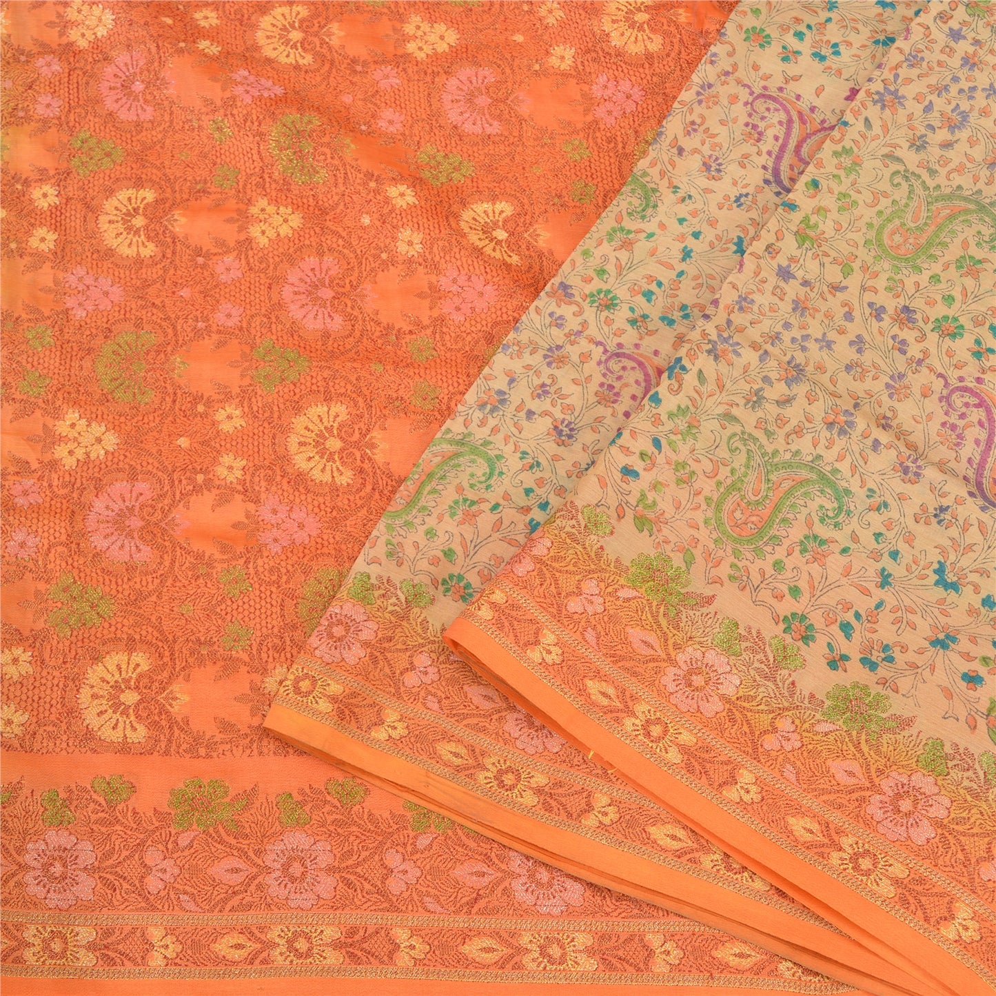 Sanskriti Vintage Orange/Ivory Sarees 100% Pure Silk Woven Premium Sari Sustainable Fabric