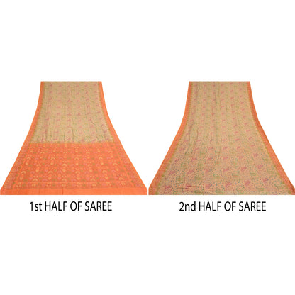 Sanskriti Vintage Orange/Ivory Sarees 100% Pure Silk Woven Premium Sari Sustainable Fabric