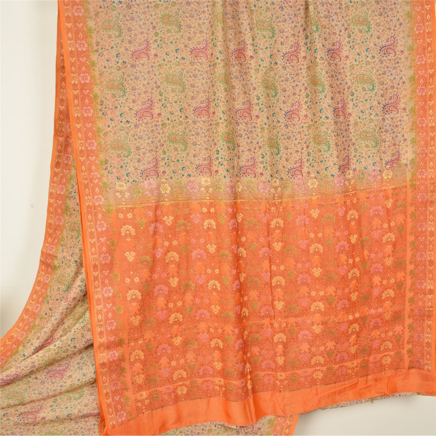 Sanskriti Vintage Orange/Ivory Sarees 100% Pure Silk Woven Premium Sari Sustainable Fabric