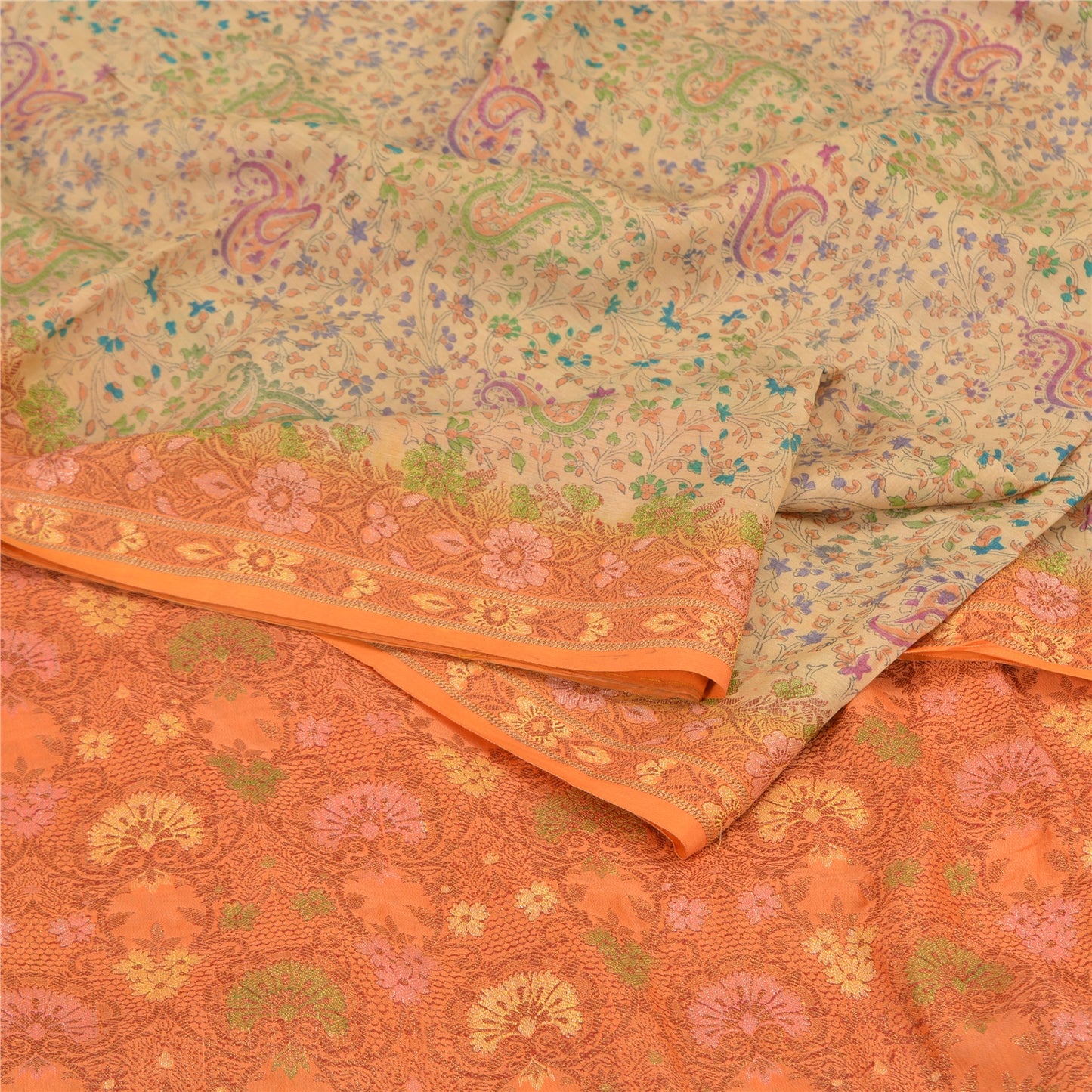 Sanskriti Vintage Orange/Ivory Sarees 100% Pure Silk Woven Premium Sari Sustainable Fabric
