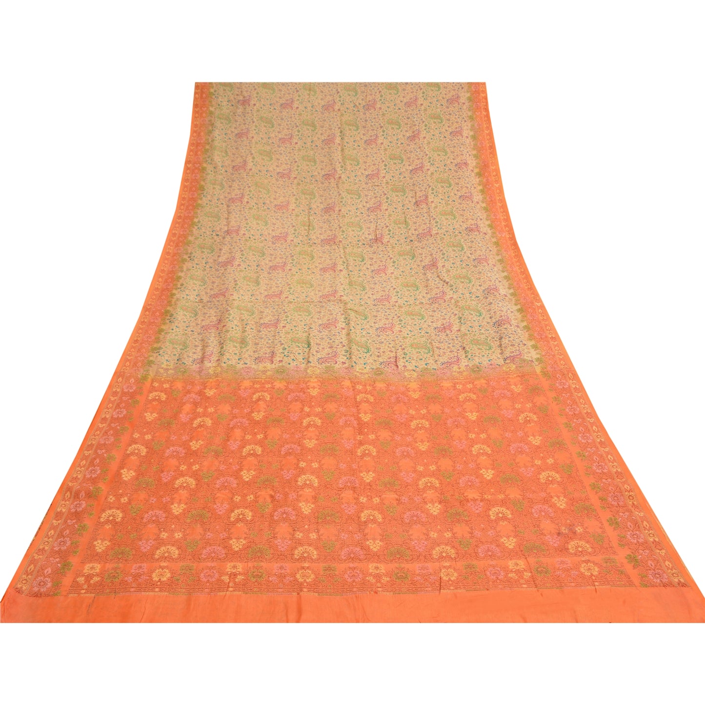 Sanskriti Vintage Orange/Ivory Sarees 100% Pure Silk Woven Premium Sari Sustainable Fabric