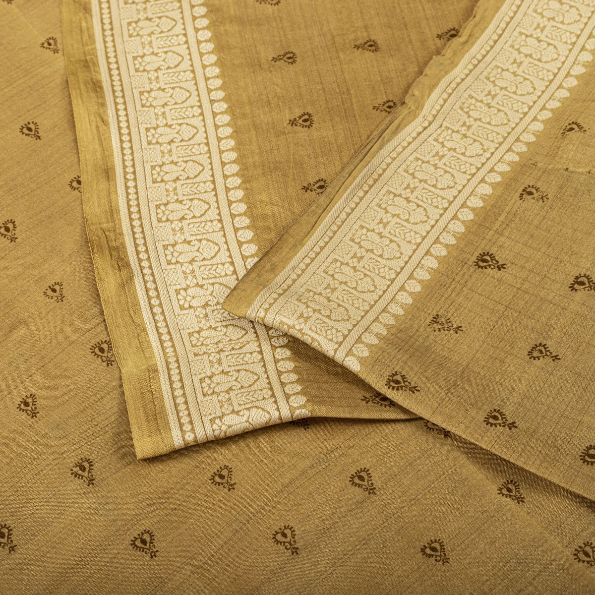 Sanskriti Vintage Block Printed-Woven 100% Pure Silk Saree Golden Sari Fabric