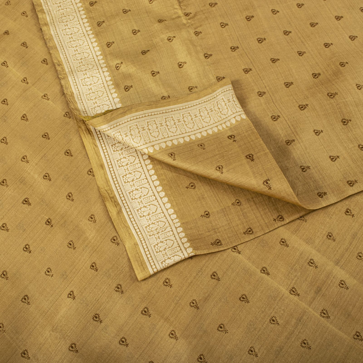 Sanskriti Vintage Block Printed-Woven 100% Pure Silk Saree Golden Sari Fabric