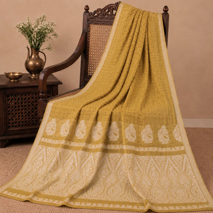 Sanskriti Vintage Block Printed-Woven 100% Pure Silk Saree Golden Sari Fabric