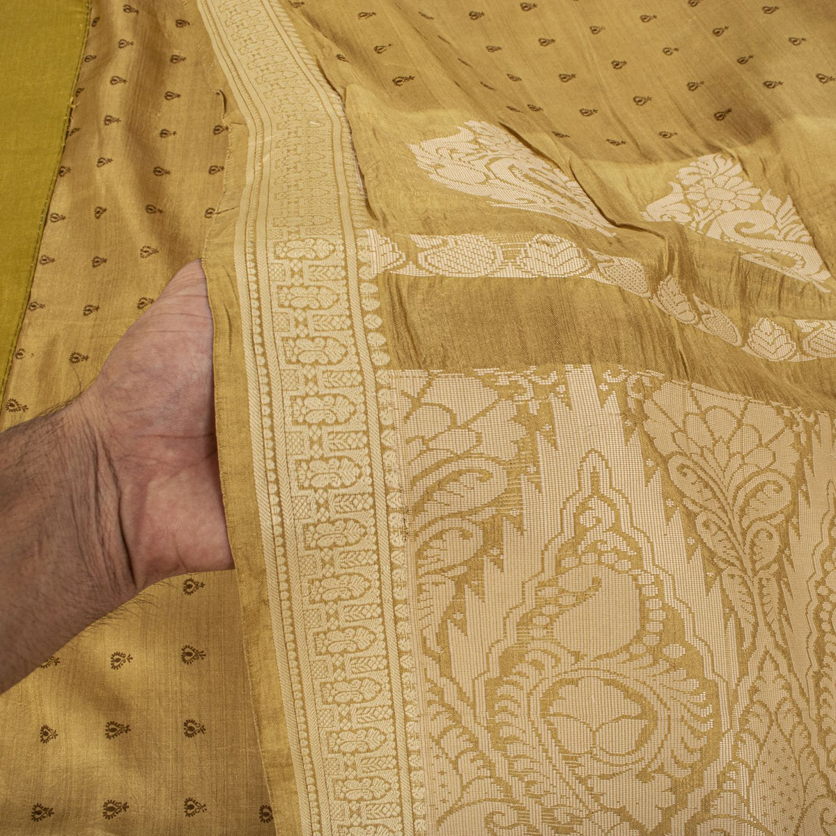 Sanskriti Vintage Block Printed-Woven 100% Pure Silk Saree Golden Sari Fabric