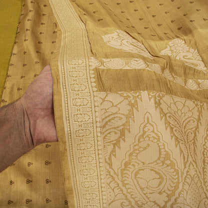 Sanskriti Vintage Block Printed-Woven 100% Pure Silk Saree Golden Sari Fabric