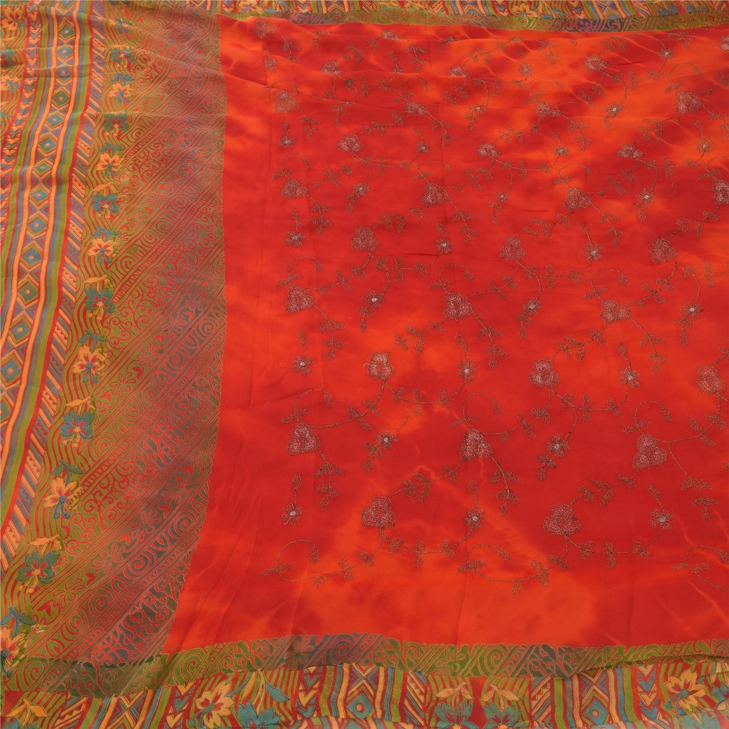 Sanskriti Vintage Sarees Pure Georgette Silk Embroidered Tie-Dye Sari 5yd Sustainable Fabric
