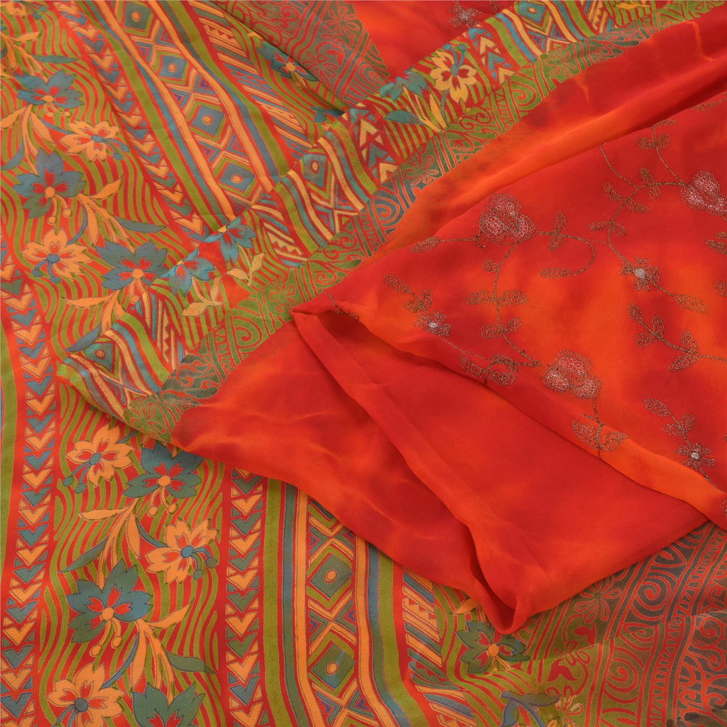 Sanskriti Vintage Sarees Pure Georgette Silk Embroidered Tie-Dye Sari 5yd Sustainable Fabric