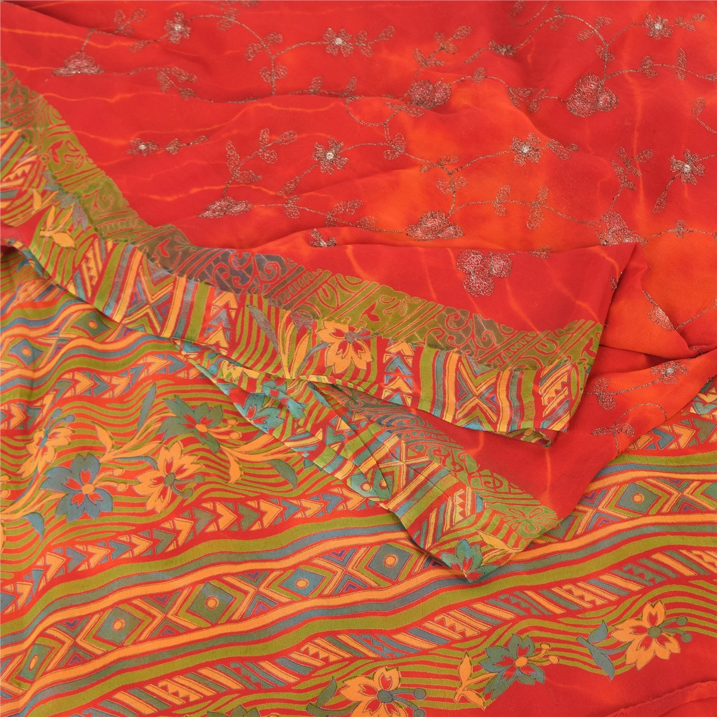 Sanskriti Vintage Sarees Pure Georgette Silk Embroidered Tie-Dye Sari 5yd Sustainable Fabric