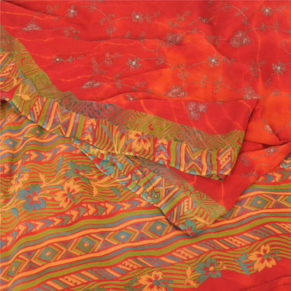Sanskriti Vintage Sarees Pure Georgette Silk Embroidered Tie-Dye Sari 5yd Sustainable Fabric
