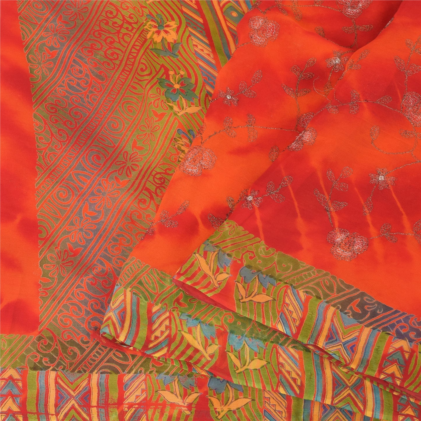 Sanskriti Vintage Sarees Pure Georgette Silk Embroidered Tie-Dye Sari 5yd Sustainable Fabric