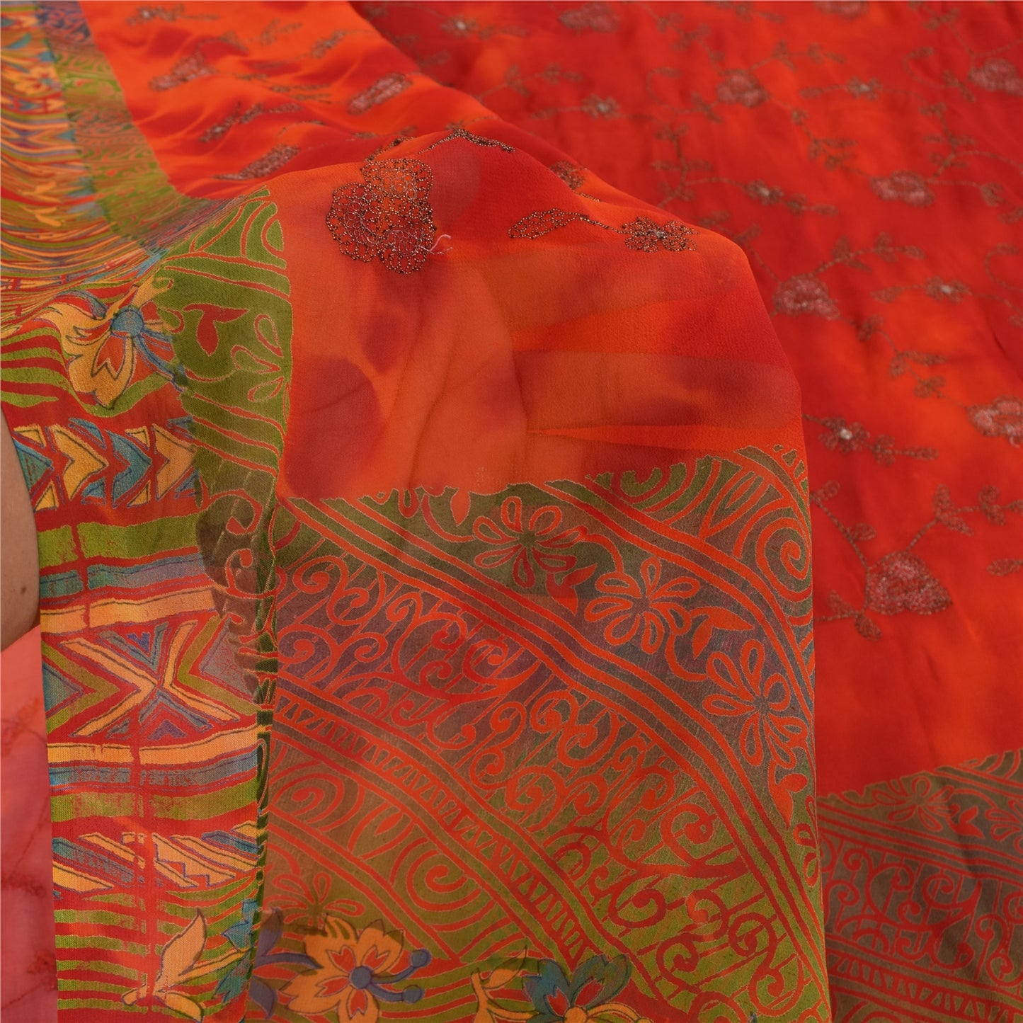 Sanskriti Vintage Sarees Pure Georgette Silk Embroidered Tie-Dye Sari 5yd Sustainable Fabric