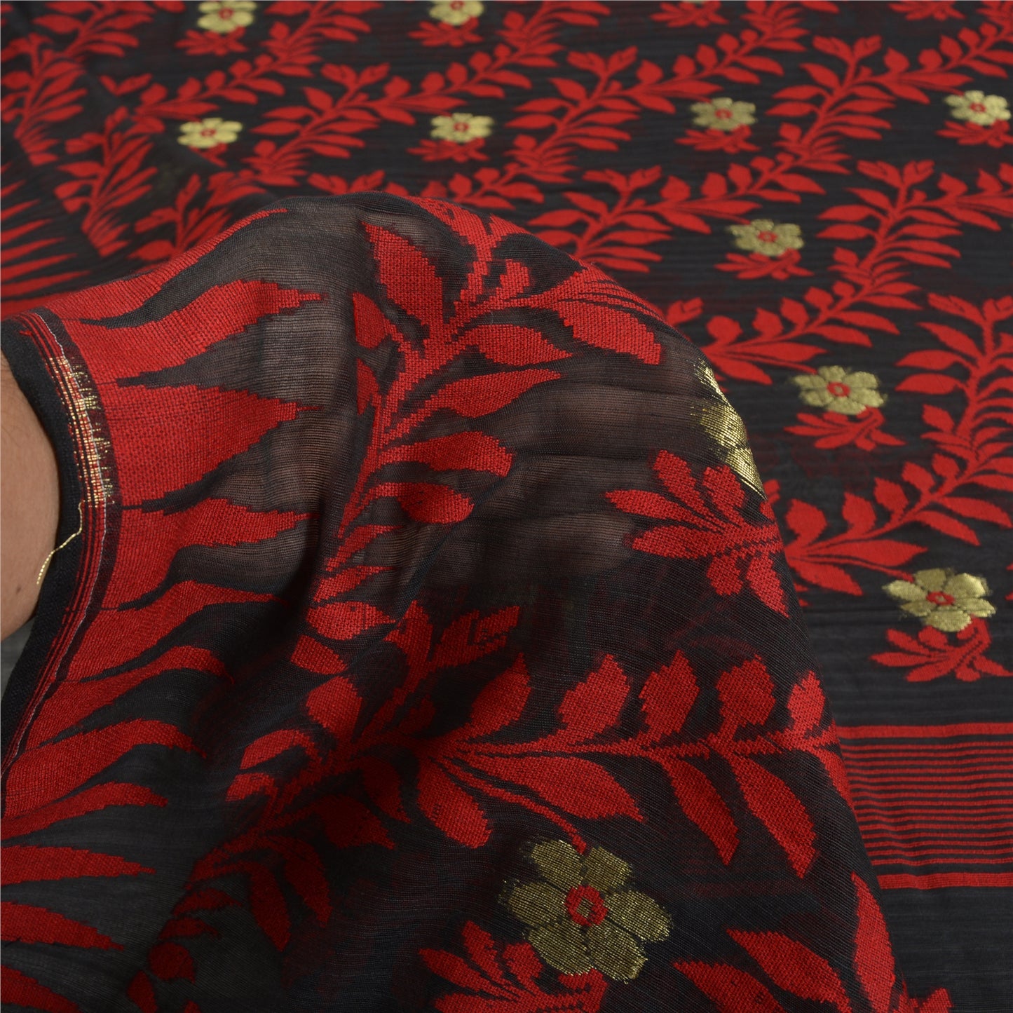 Sanskriti Vintage Black Indian Sarees Blend Silk Hand-Woven Sari 5 YD Sustainable Fabric