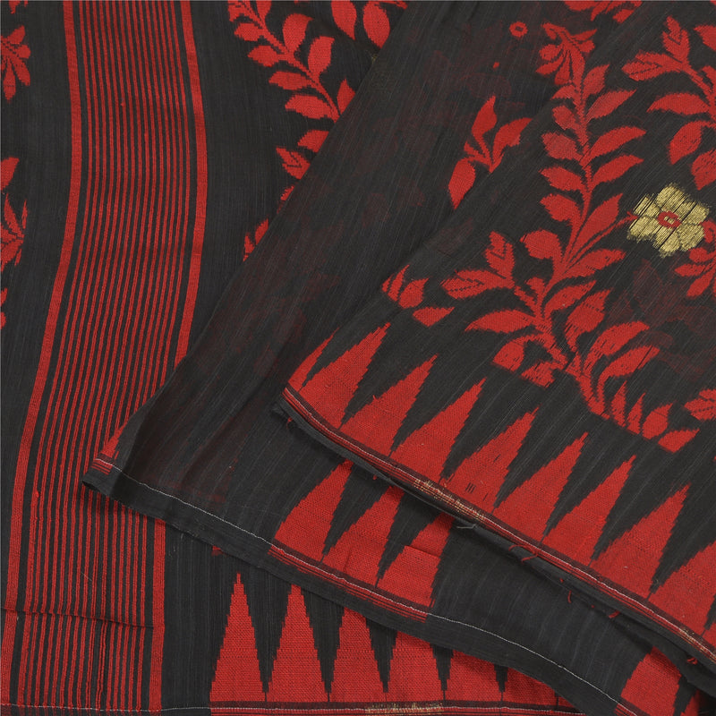 Sanskriti Vintage Saree Black & Red Indian 5.5+Yd Saree Blend Silk Hand-Woven Sari Fabric Home Decor, Sewing, DIY Projects, Dress Making