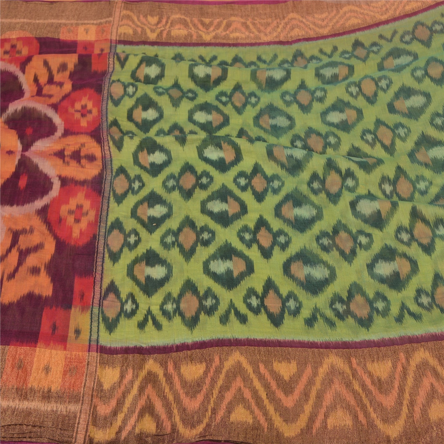 Sanskriti Vintage Green Sambalpuri Ikat Sarees Woven Cotton Silk Sari Fabric