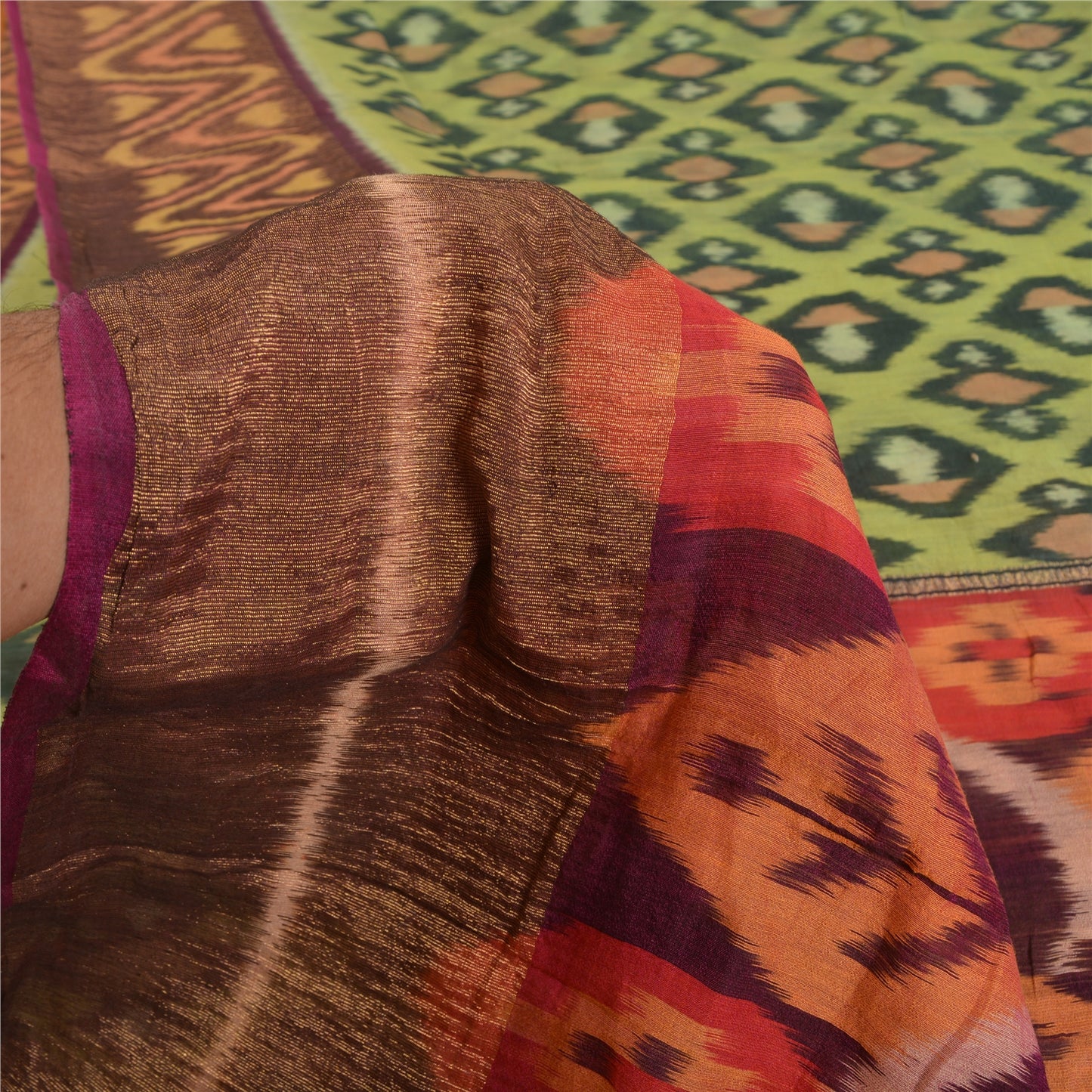 Sanskriti Vintage Green Sambalpuri Ikat Sarees Woven Cotton Silk Sari Fabric