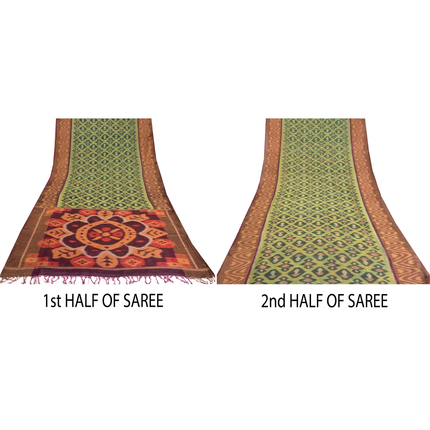 Sanskriti Vintage Green Sambalpuri Ikat Sarees Woven Cotton Silk Sari Fabric